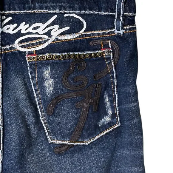 Ed Hardy Christian Audigier Boyfriend Jeans Womens Blue Dark Wash Embellished 30